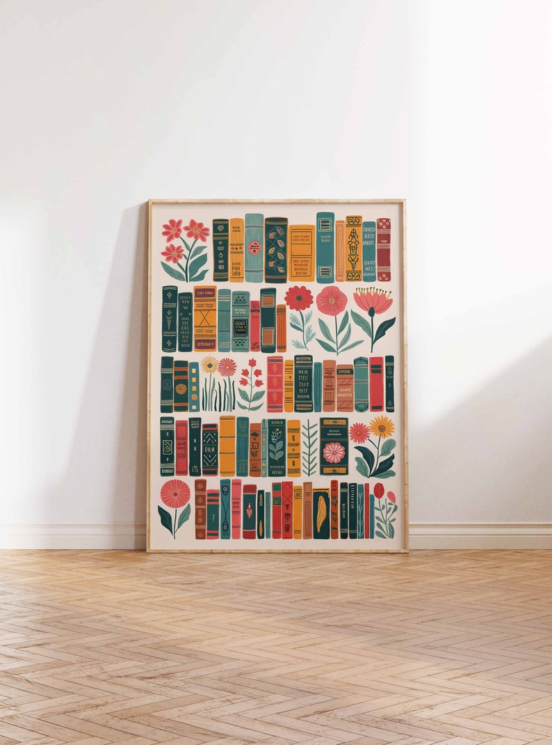 May include: A framed print featuring a colorful illustration of a bookshelf filled with books and flowers. The books are arranged in rows and have different colors and patterns. The flowers are in various shades of pink, red, and yellow.