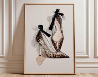 Fashion Heels Art Print, Leopard High Heels Wall Art with Black Bows, Glamour Shoe Poster