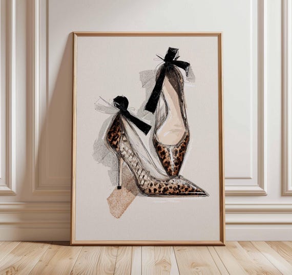 Fashion Heels Art Print, Leopard High Heels Wall Art with Black Bows, Glamour Shoe Poster