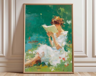Impressionist Woman Reading Art Print | Peaceful Garden Scene | Serene Female Portrait | Book Lover Gift