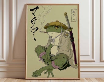 Impresión de arte mural de rana samurái, póster de anime japonés, ilustración genial de rana guerrera, obra de arte peculiar de rana ninja para decoración del hogar