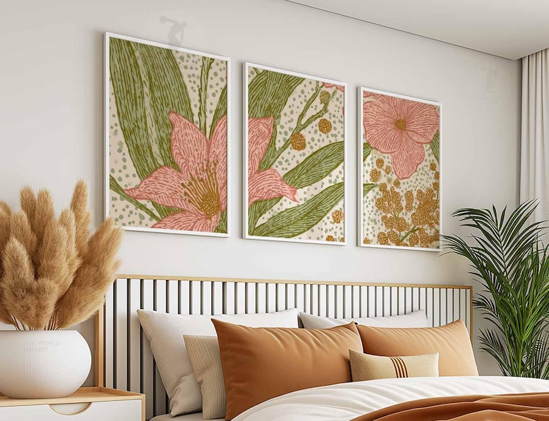 Modern Abstract Floral Wall Art Set of 3, Pink and Mustard Botanical ...