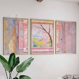 Ventana abierta inspirada en Henri Matisse, juego de 3 láminas, estampado floral, estampados botánicos, arte tropical, arte mural de Henri Matisse, póster de paisaje