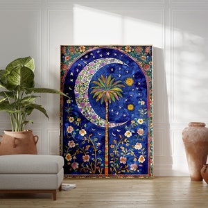 May include: A large, framed canvas art print featuring a vibrant, celestial design. The artwork showcases a crescent moon, palm tree, and stars against a deep blue background, framed by floral patterns. The color palette includes blues, greens, yellows, and purples.