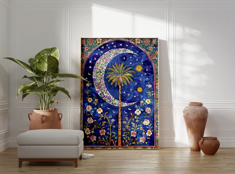 May include: A large, framed canvas art print featuring a vibrant, celestial design. The artwork showcases a crescent moon, palm tree, and stars against a deep blue background, framed by floral patterns. The color palette includes blues, greens, yellows, and purples.