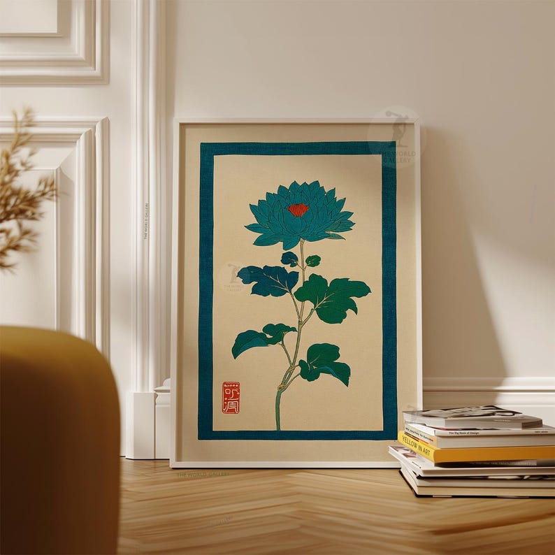 Japanese Lotus Flower Art Print | Teal & Red Botanical Decor - Etsy