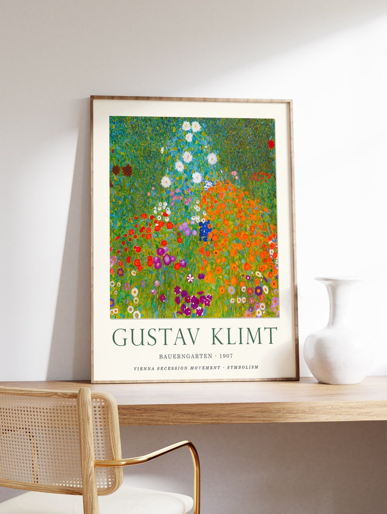 May include: A framed poster of Gustav Klimt's painting "Bauerngarten" (1907). The painting depicts a field of colorful flowers in a vibrant, abstract style. The poster includes the artist's name, the title of the painting, and the year it was created. It also mentions the Vienna Secession Movement and Symbolism.