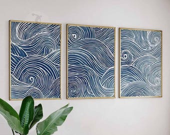 Set of 3 Japanese Wave Wall Art Prints, Blue Ocean Line Art Posters, Modern Coastal Wall Decor Inspired by Japan