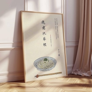 May include: A framed art print featuring a bowl of noodles with chopsticks. The artwork has a beige background with Chinese characters and a bowl of noodles with green garnish. The frame is light brown, and the print is leaning against a white wall and wooden floor.