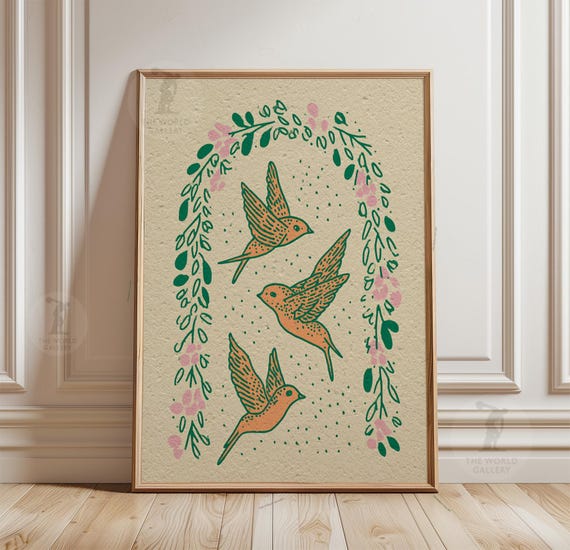飛んでいるツバメの鳥のポスター | 植物画の鳥のイラスト