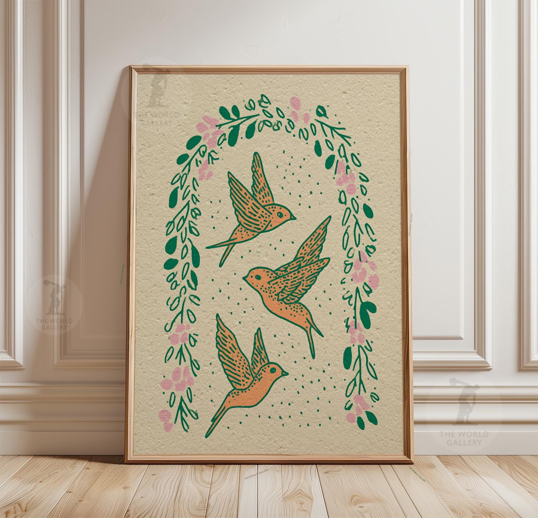 ヴィンテージ風 花と鳥のボード　壁掛け 飛んでいるツバメの鳥のポスター | 植物画の鳥のイラスト