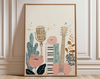 Boho Music Art Print | Floral Guitar Wall Art | Retro Microphone