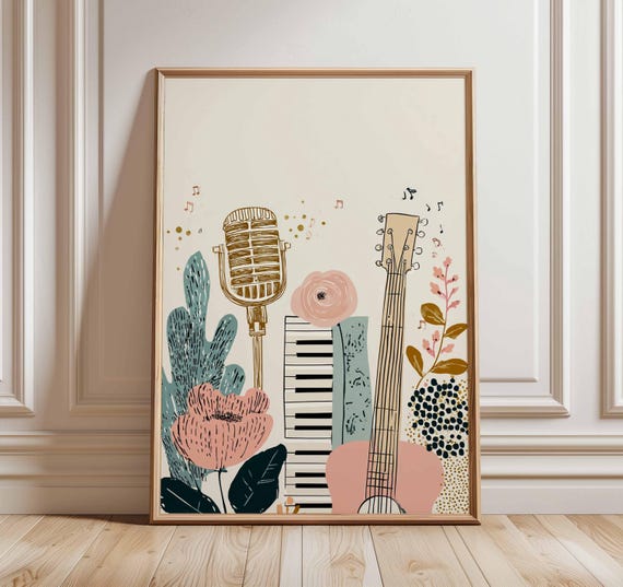 Boho Music Art Print | Floral Guitar Wall Art | Retro Microphone