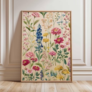 Stampa artistica da parete con fiori selvatici, poster botanico colorato con fiori rosa, blu e gialli, opera d'arte naturalistica Cottagecore per l'arredamento della casa