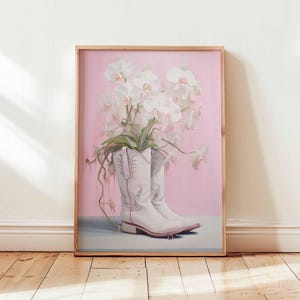 Pink Cowgirl Boots Poster, Western Wall Art Print, Retro Country Girl Decor, Floral Cowboy Boot Illustration for Bedroom or Studio