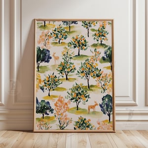Obstgarten Muster Poster, Obstbaum Landschaft, Aquarell Botanische Wandkunst