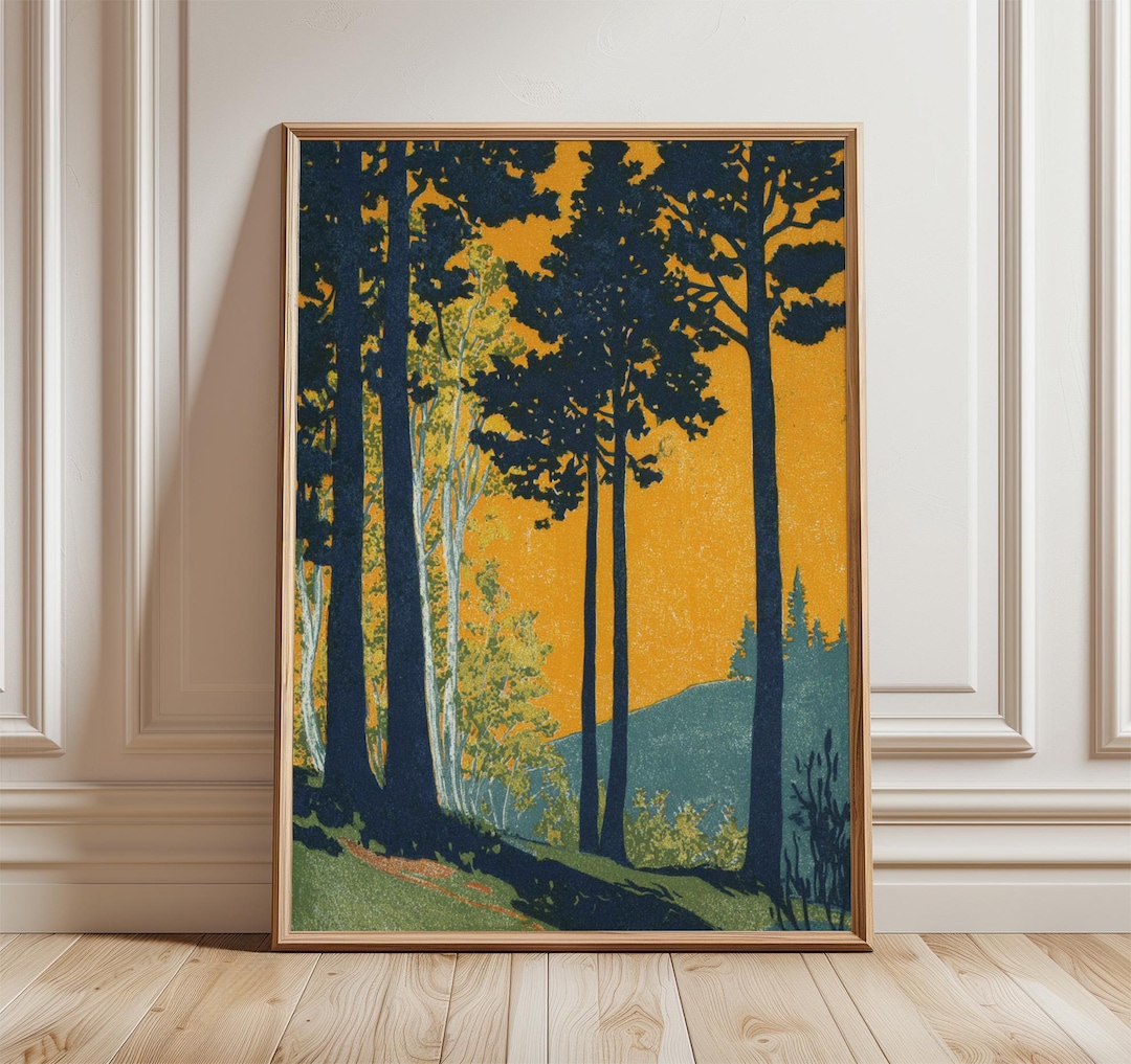 Vintage Forest Sunset Poster, Rustic Woodland Landscape Art - Etsy