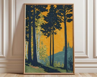 Vintage Forest Sunset Poster, Rustic Woodland Landscape Art