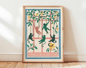 May include: A framed art print featuring a whimsical illustration of monkeys swinging from vines. The artwork showcases a window-like structure with a pink and blue border, and the monkeys are depicted in shades of green and coral against a cream background.
