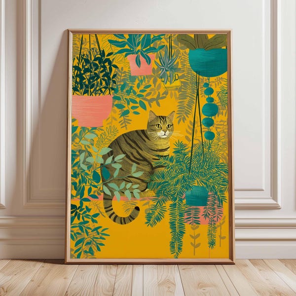 Botanische kat kunstafdruk, vintage dierenposter