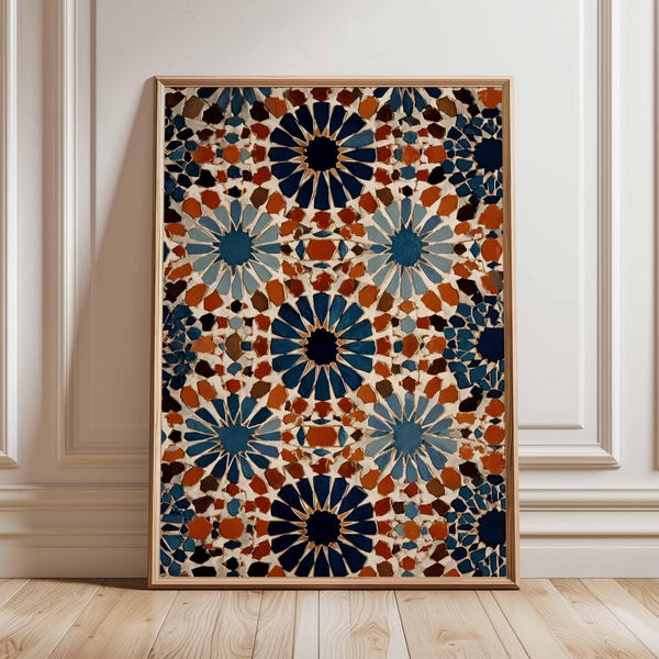 Stampa artistica da parete con mosaico marocchino, poster con motivo geometrico, design astratto di piastrelle blu e terracotta, arredamento boho per la casa