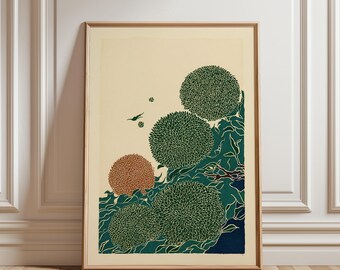 May include: A framed art print featuring a stylized landscape with spherical green and brown foliage. A small bird flies across a cream-colored sky. The artwork is set against a white wall and wooden floor.