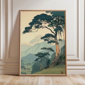 Poster vintage con foresta giapponese, arte murale con paesaggio montano tranquillo, stampa naturalistica retrò, scena di albero minimalista, arredamento per la casa sereno