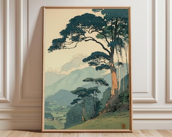 Póster vintage de bosque japonés, arte mural de paisaje de montaña tranquilo, impresión retro de naturaleza, escena minimalista de árboles, decoración serena para el hogar