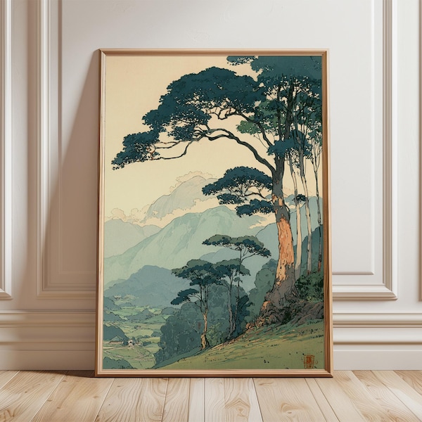 Vintage Japanese Forest Poster, Tranquil Mountain Landscape Wall Art, Retro Nature Print, Minimalist Tree Scene, Serene Home Decor