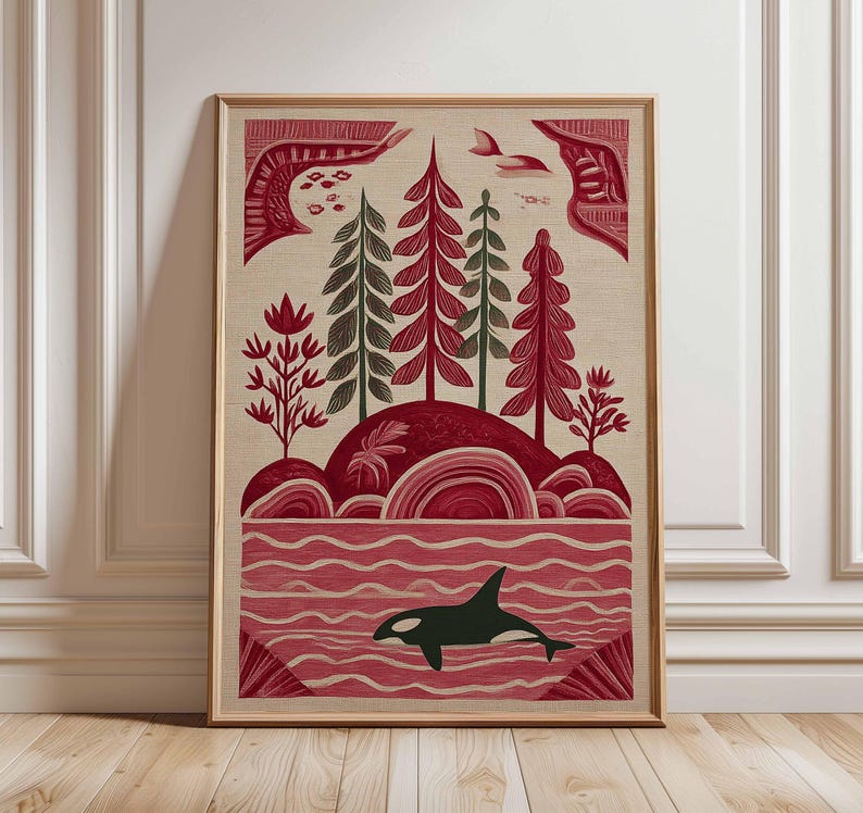 May include: Framed art print featuring a stylized landscape with a red and green forest, a red and white ocean, and a black orca. The artwork has a vintage aesthetic, with a beige background and a wooden frame.