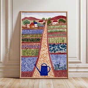 May include: Watercolor painting of a rural landscape with a path leading to houses. The artwork features a garden with various crops, a blue watering can, and a wooden frame. The color palette includes shades of green, blue, red, and brown.