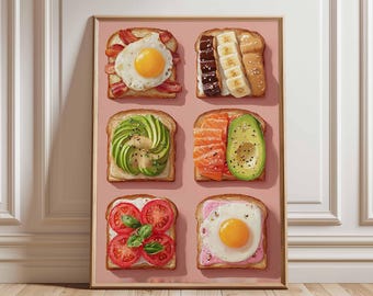 Póster de tostadas para el desayuno, lámina colorida para amantes de la gastronomía.