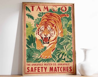 Póster de tigre vintage, lámina artística de caja de cerillas india, decoración de selva tropical