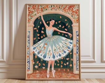 Ballerina Dance Art Print, Elegant Ballet Poster, Floral Stage Illustration, Graceful Dancer Wall Decor, Romantic Ballet Home Artwork