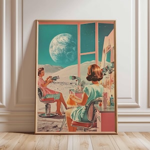 Póster retro de ciencia ficción, decoración cósmica surrealista de los años 70, póster espacial futurista, impresión de paisaje vintage, obra de arte espacial para dormitorio y sala de estar.