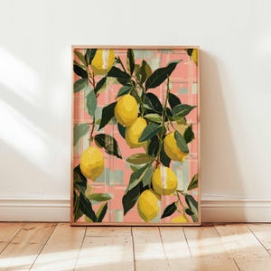 Zitrone, Art Print, botanische Küche, modernes Obst Illustration, Zitrusfrucht Wandbild, einzigartiges Geschenk zur Einweihung, rosa und grünes Poster