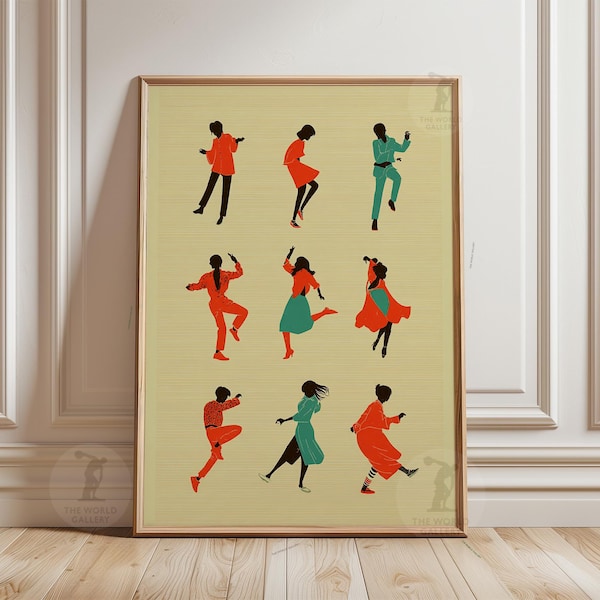 Tanzen Silhouette Poster | Retro Bewegung Print | Funky Figuren Wandkunst