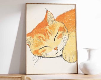 Lámina minimalista de gato durmiendo, póster de gatito calico japonés