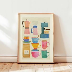 Coffee Lover Poster – Colorful Coffee Maker Wall Art Print, Barista Decor with Mugs & Espresso Machine, Cute Kitchen or Café Artwork