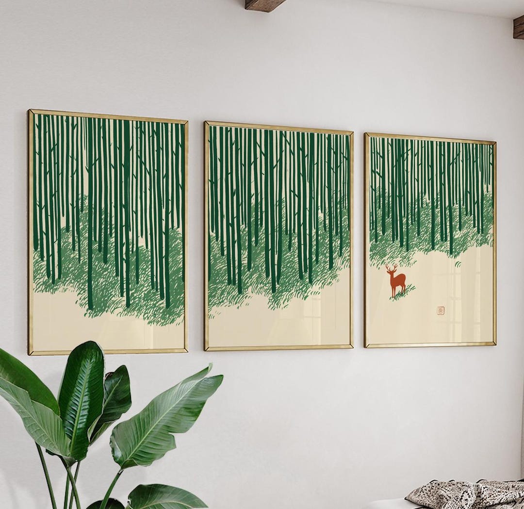 Green Forest Wall Art Print Set | Minimalist Woodland Posters | Nature ...