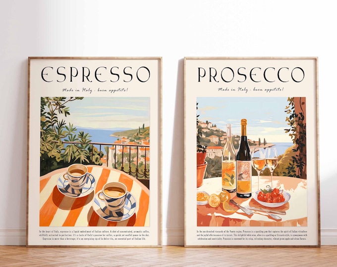 Set of 2 Espresso and Prosecco Posters, Drink Posters, Kitchen Decor, Coffee Print, Coffee Decor, Cocktail Art, Cocktail Prints