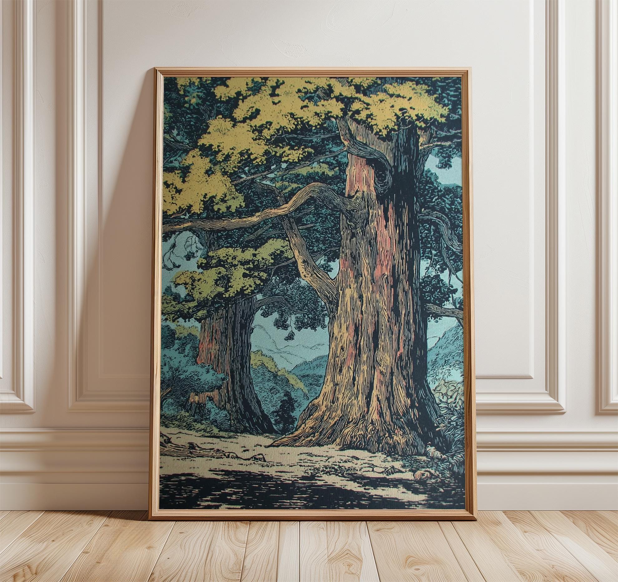 ヴィンテージの森の木のポスター、レトロな自然風景のプリント、素朴な