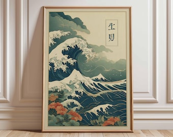 Japanische Welle Kunstdruck, Meereslandschaft Poster, Küstendeko