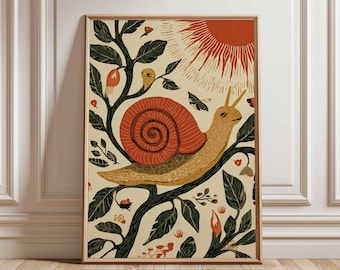 Póster de caracol botánico, impresión de pared de animales de arte popular, ilustración de la naturaleza en rojo y verde, decoración de bosque divertida para niños o hogares eclécticos.
