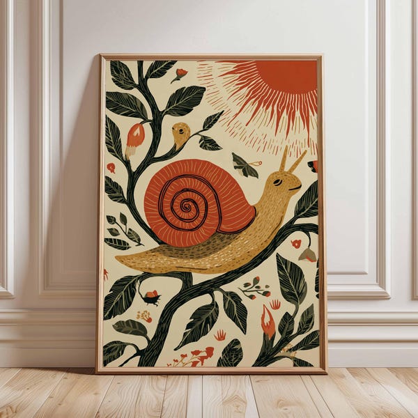 Botanical Snail Poster, Folk Art Animal Wall Print, Nature Illustration in Red and Green, Playful Woodland Decor for Kids or Eclectic Homes