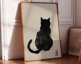 May include: A black and white minimalist art print of a cat sitting with its tail curled around its body. The print is on a beige background and has a Japanese character in the bottom right corner.