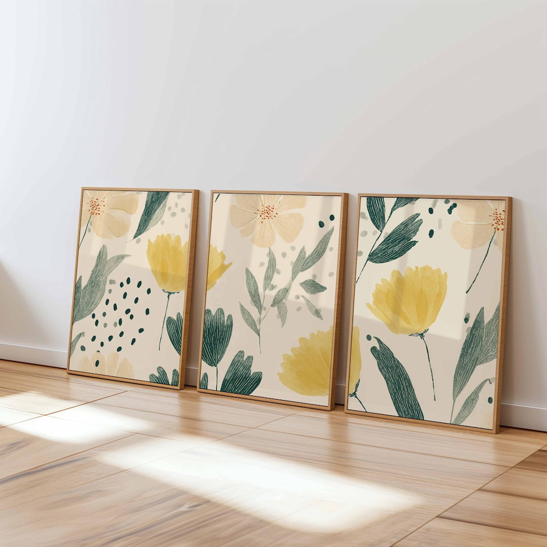 Yellow Floral Wall Art Set of 3, Minimal Botanical Prints in Green and ...
