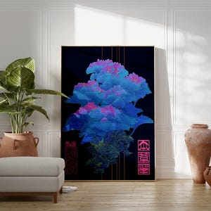 May include: Abstract art print featuring a vibrant blue and pink floral design against a black background. The artwork is framed in gold and includes Chinese characters. The scene includes a potted plant, a footstool, and decorative pottery.