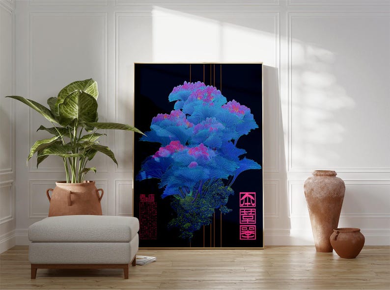 May include: Abstract art print featuring a vibrant blue and pink floral design against a black background. The artwork is framed in gold and includes Chinese characters. The scene includes a potted plant, a footstool, and decorative pottery.