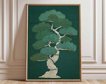 Può includere: Una stampa artistica incorniciata con un'illustrazione stilizzata di un albero. L'opera presenta un albero con un tronco strutturato color crema e un fogliame verde a strati su uno sfondo verde scuro. La cornice è di colore marrone chiaro.